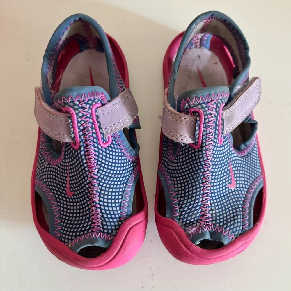 Nike Kids Pink and Blue Slip-On Sandals